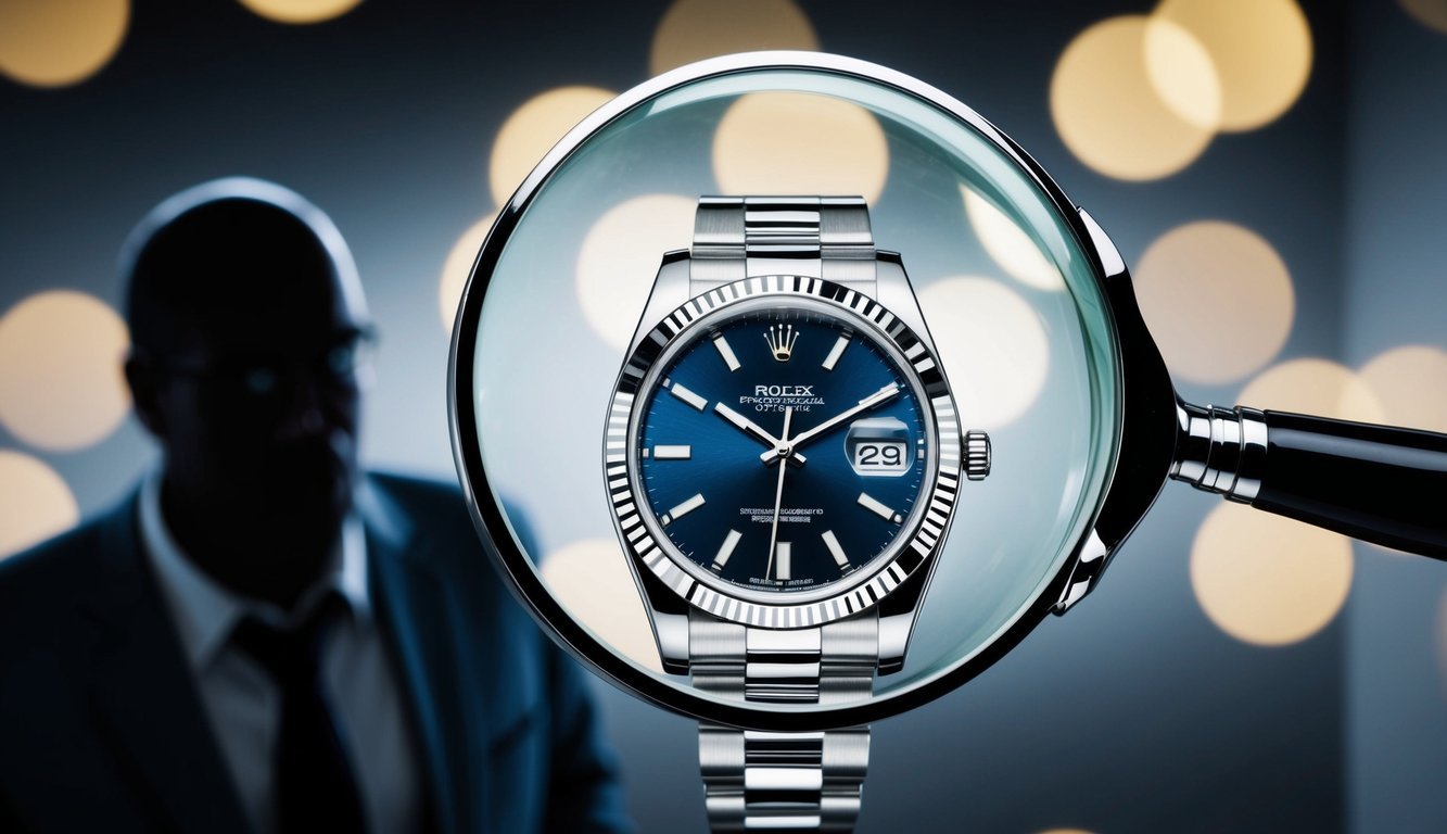 A magnifying glass hovers over a gleaming Rolex watch, while a shadowy figure lurks in the background, eyeing the scene with a suspicious gaze