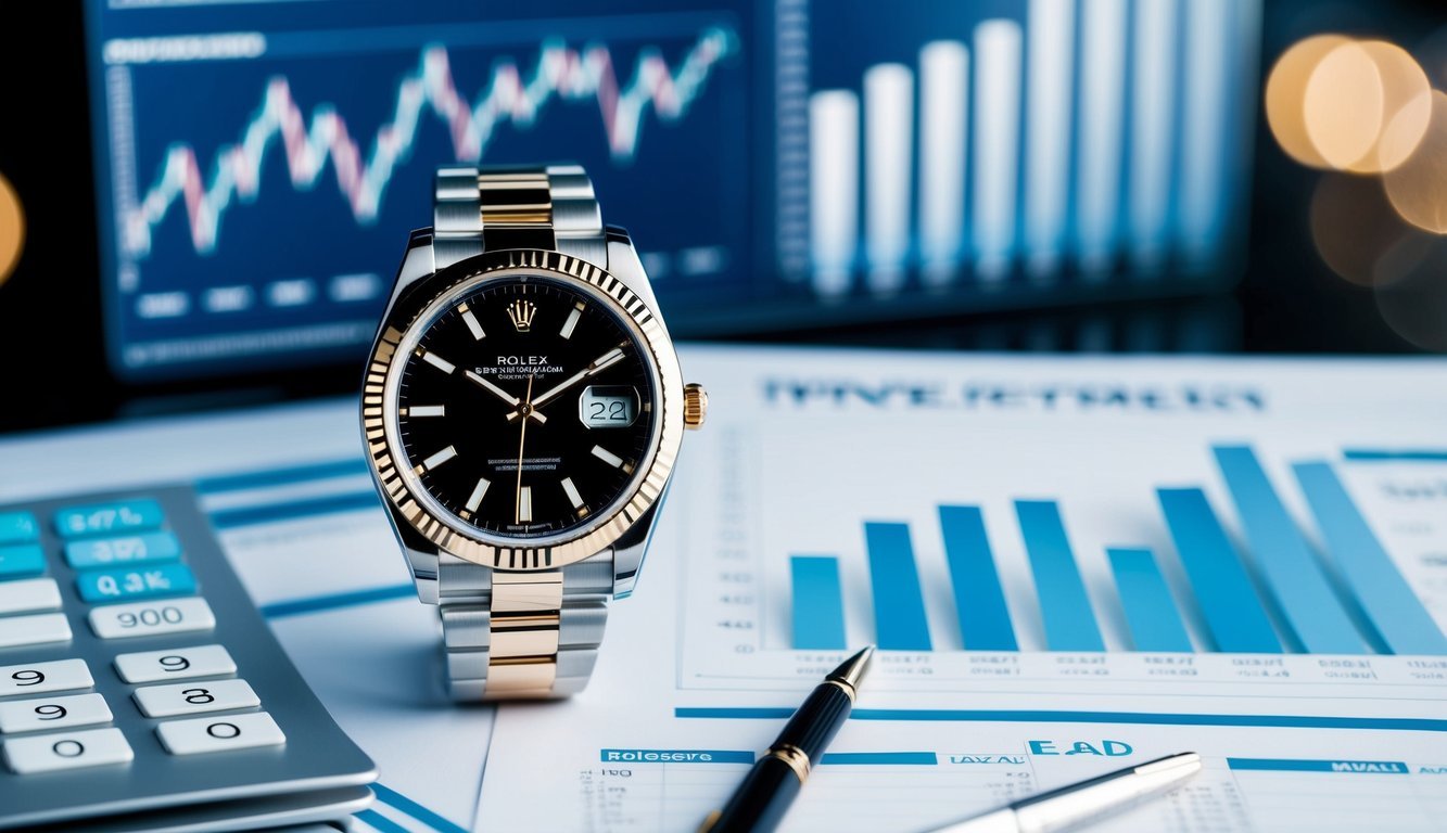 A luxurious Rolex watch displayed alongside financial charts and graphs, symbolizing its value as a long-term investment