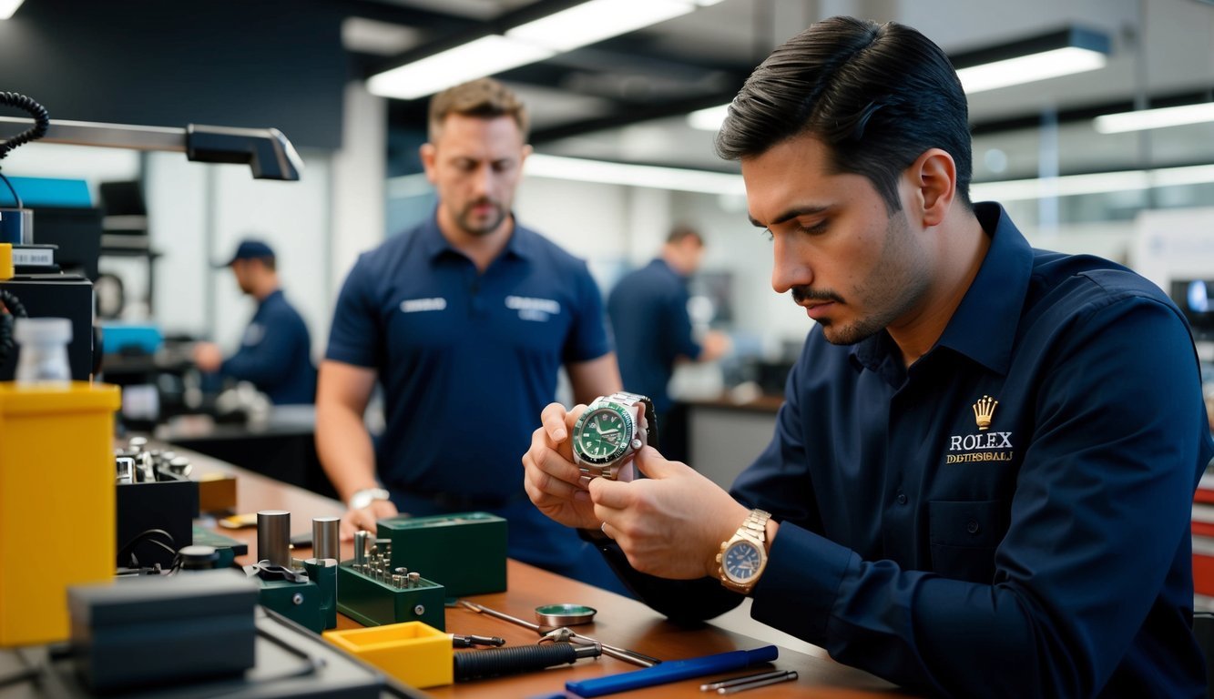 A watch technician carefully examines a Rolex while surrounded by various tools and equipment in the service center