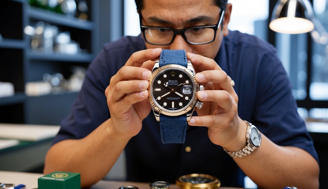 A watchmaker carefully disassembles a Rolex, inspecting each part under a magnifying glass before meticulously cleaning and reassembling the timepiece