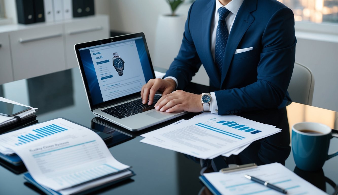 A well-dressed person researching Rolex watches online with a laptop and financial documents spread out on a desk