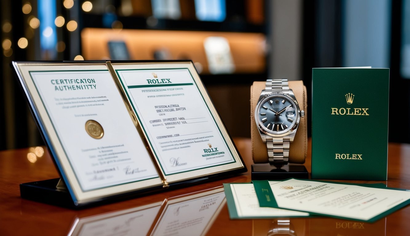 A gleaming Rolex watch displayed next to its certification and authenticity documents