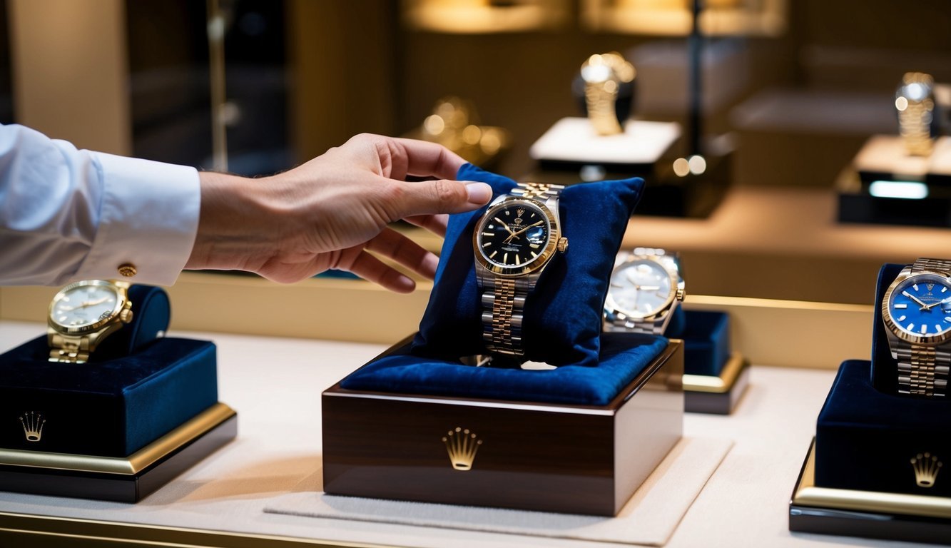 A hand reaching for a gleaming Rolex watch displayed on a velvet cushion, surrounded by other luxury timepieces in a well-lit showroom