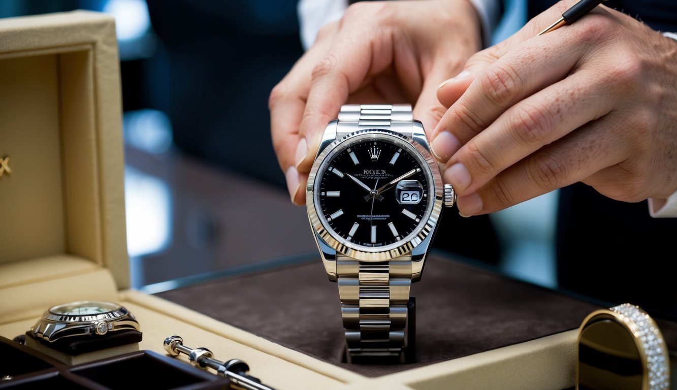 A pristine Rolex watch being carefully inspected and serviced by a skilled watchmaker at a luxurious jewelry store