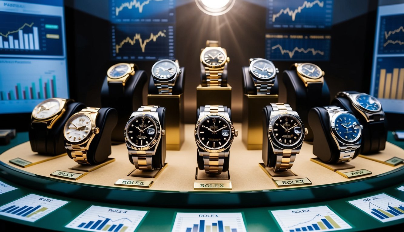 A display of rare vintage Rolex models, surrounded by financial charts and graphs, with a spotlight highlighting their investment potential