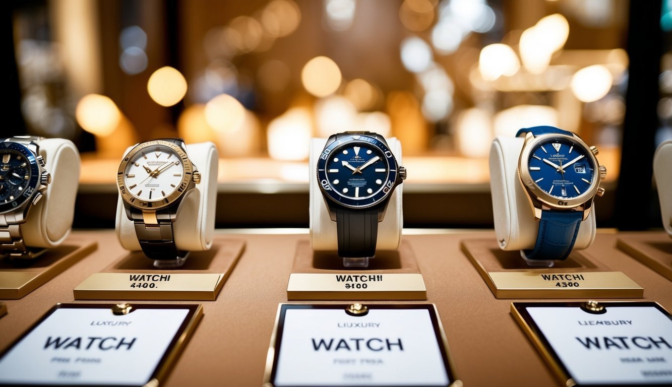 A display of various luxury watch brands with price tags