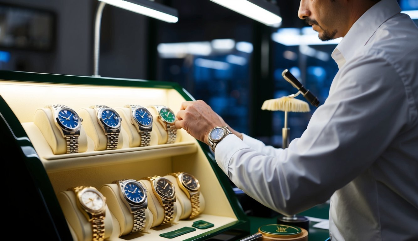 A display of pre-owned Rolex watches being meticulously cleaned and polished by a professional watchmaker in a well-lit workshop