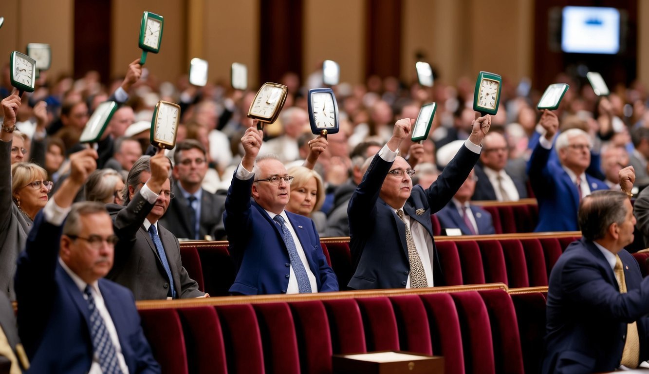 A crowded auction room with bidders raising paddles for vintage Rolex watches displayed on velvet cushions