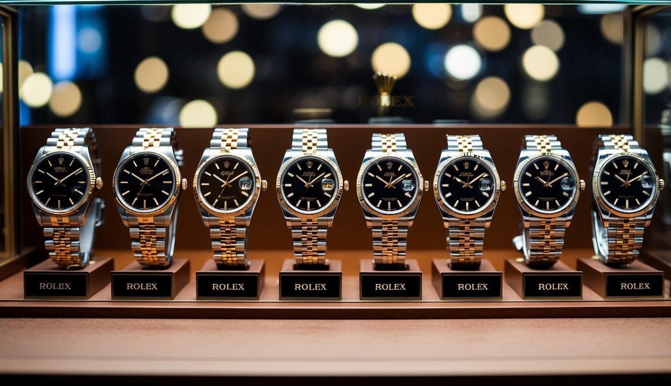 A collection of Rolex watches arranged in a display case, showing the evolution of designs and price variations