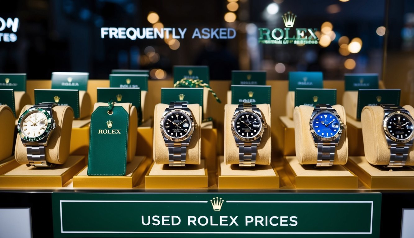 A display of various Rolex watches with price tags and a sign reading "Frequently Asked Questions Used Rolex Prices."