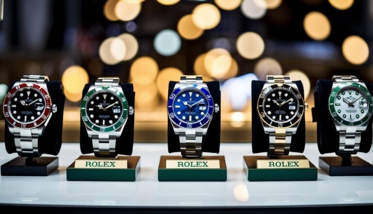 Five Rolex watches with different colored bezels on display