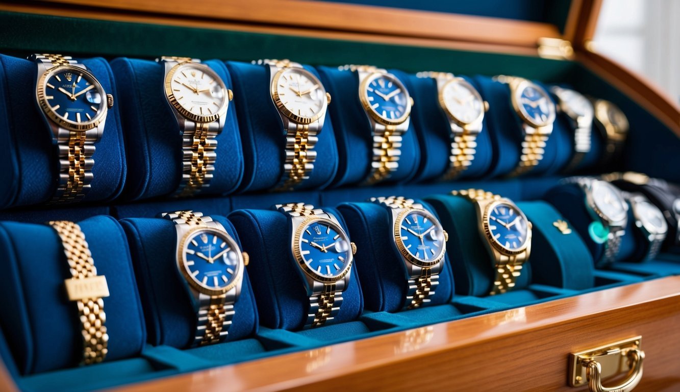 A collection of vintage Rolex watches arranged on a velvet-lined display case, each watch engraved with its unique nickname