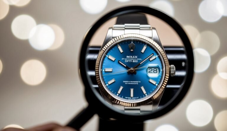Rolex watch with blue face, magnified by a black magnifying glass