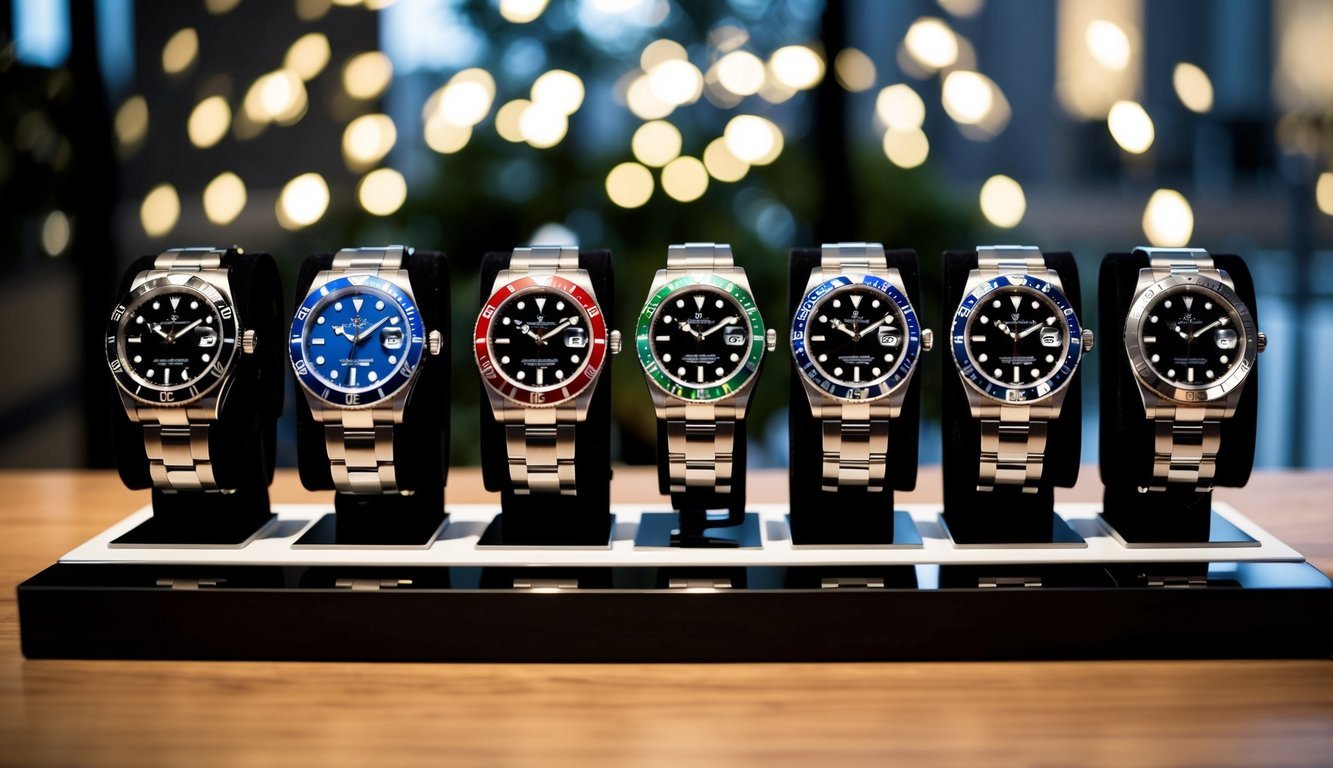 A collection of Rolex watches arranged on a sleek, modern display stand, with each watch representing a different series and featuring unique design elements