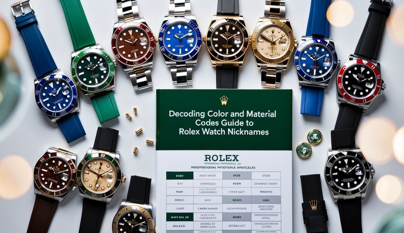 A collection of Rolex watches arranged with color and material codes displayed, surrounded by a guidebook with the title "Decoding Color and Material Codes Guide to Rolex Watch Nicknames"