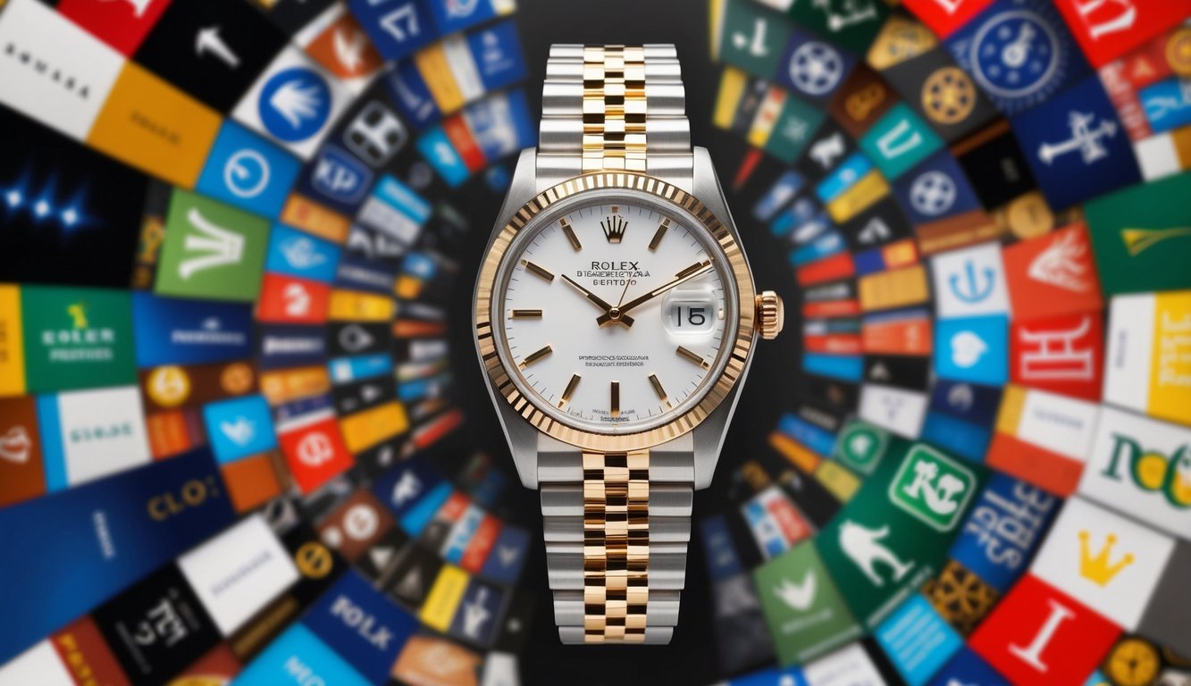 A colorful collage of iconic symbols and cultural references surrounding a classic Rolex watch