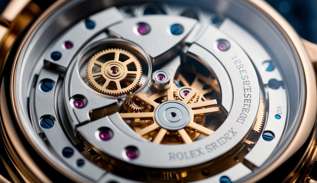 A detailed close-up of a dissected Rolex watch movement, showcasing the intricate gears, springs, and precision engineering