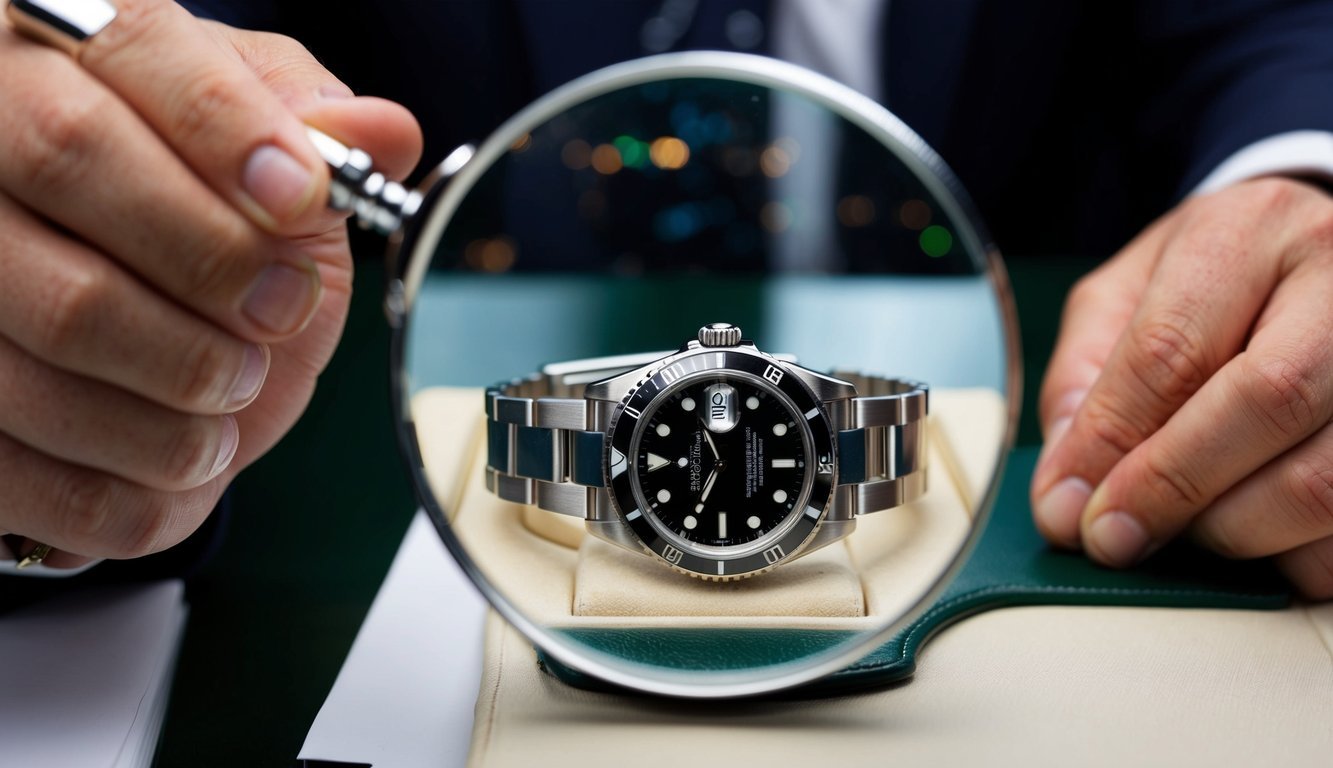 A magnifying glass hovers over a Rolex watch, examining its intricate details for counterfeit indicators