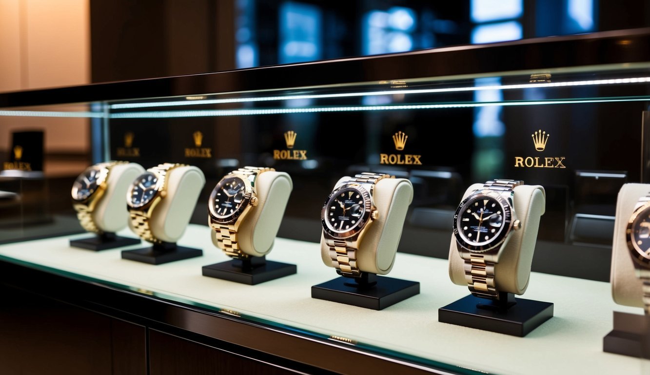 A display of affordable Rolex watches on a sleek glass showcase with soft lighting