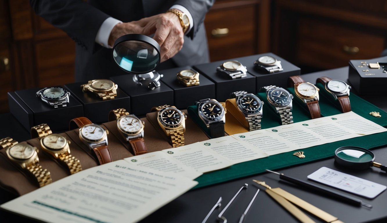 A table with various vintage Rolex watches and special edition models laid out for assessment. A magnifying glass and other tools used to spot fake timepieces are scattered around