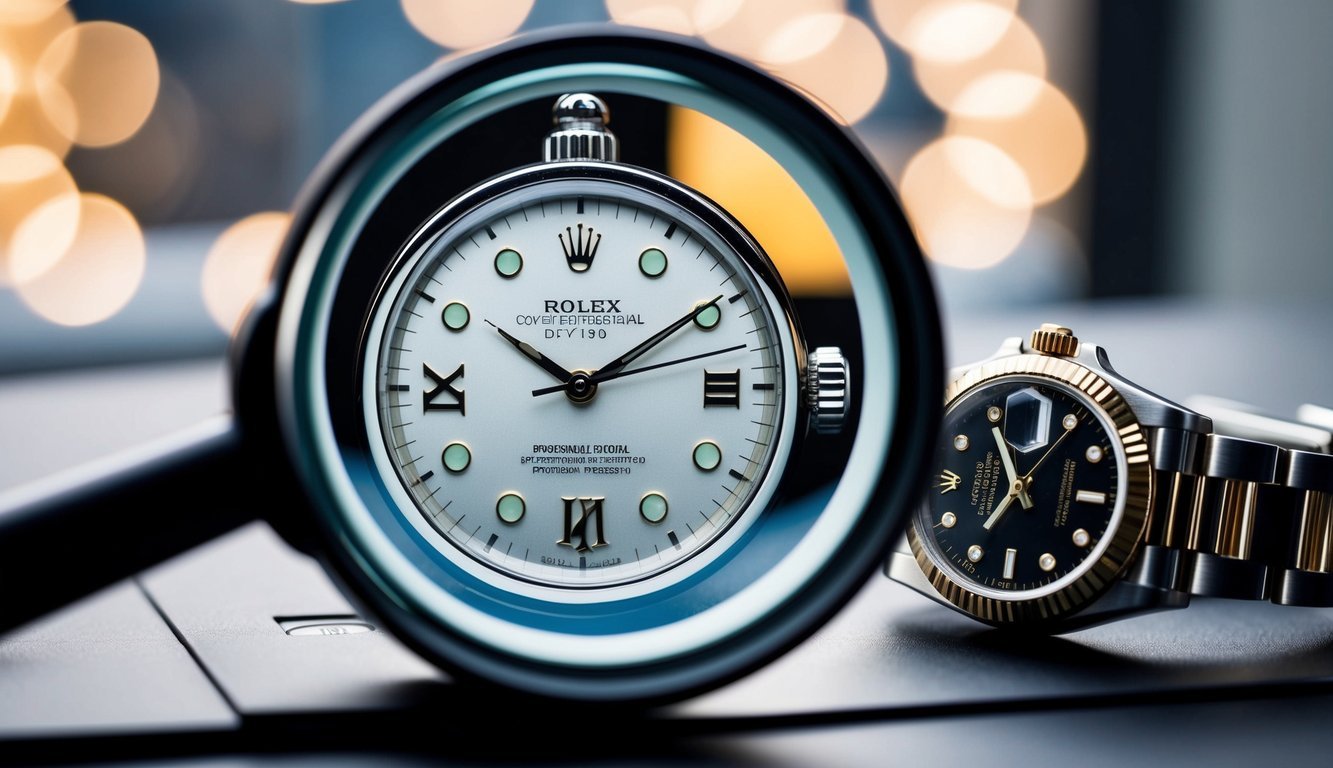 A magnifying glass inspecting the intricate details of a Rolex watch, with a counterfeit version nearby for comparison