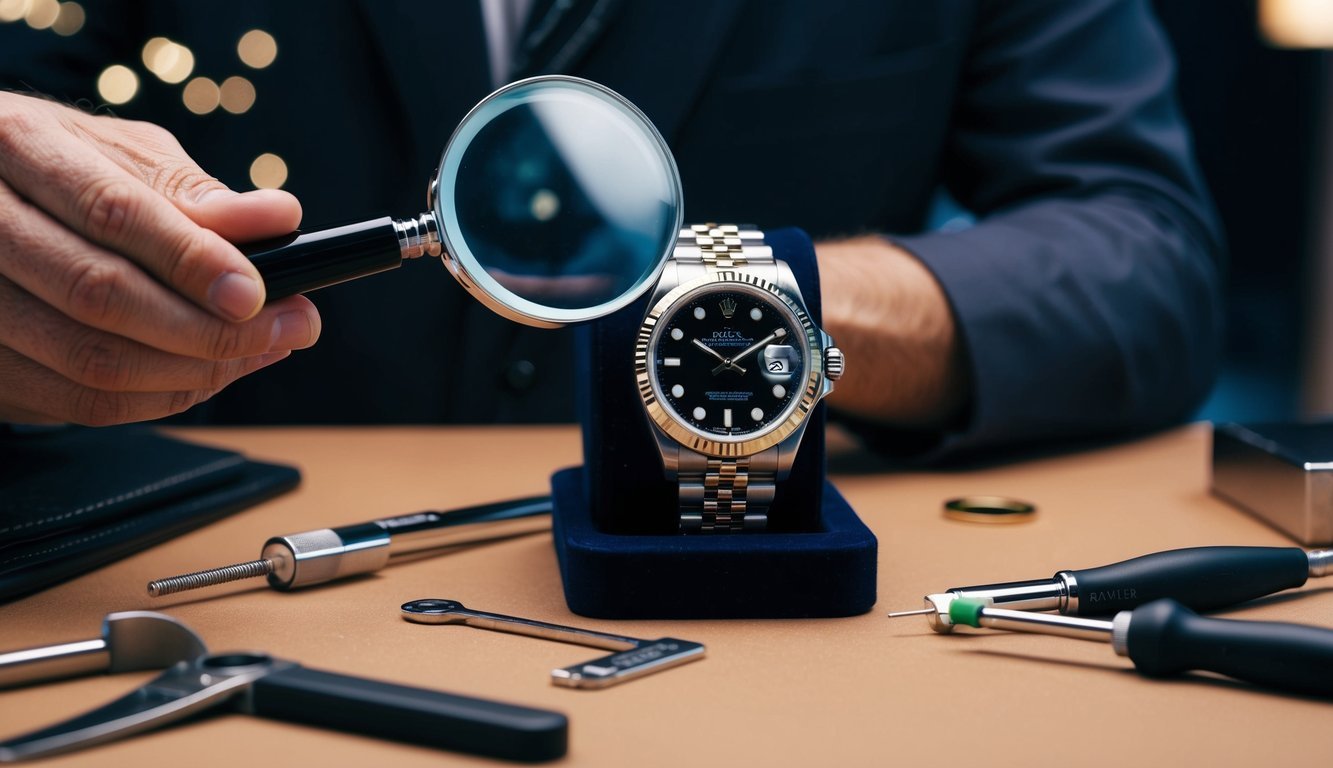 A close-up of a Rolex watch being examined for authenticity, with a magnifying glass and various tools scattered around