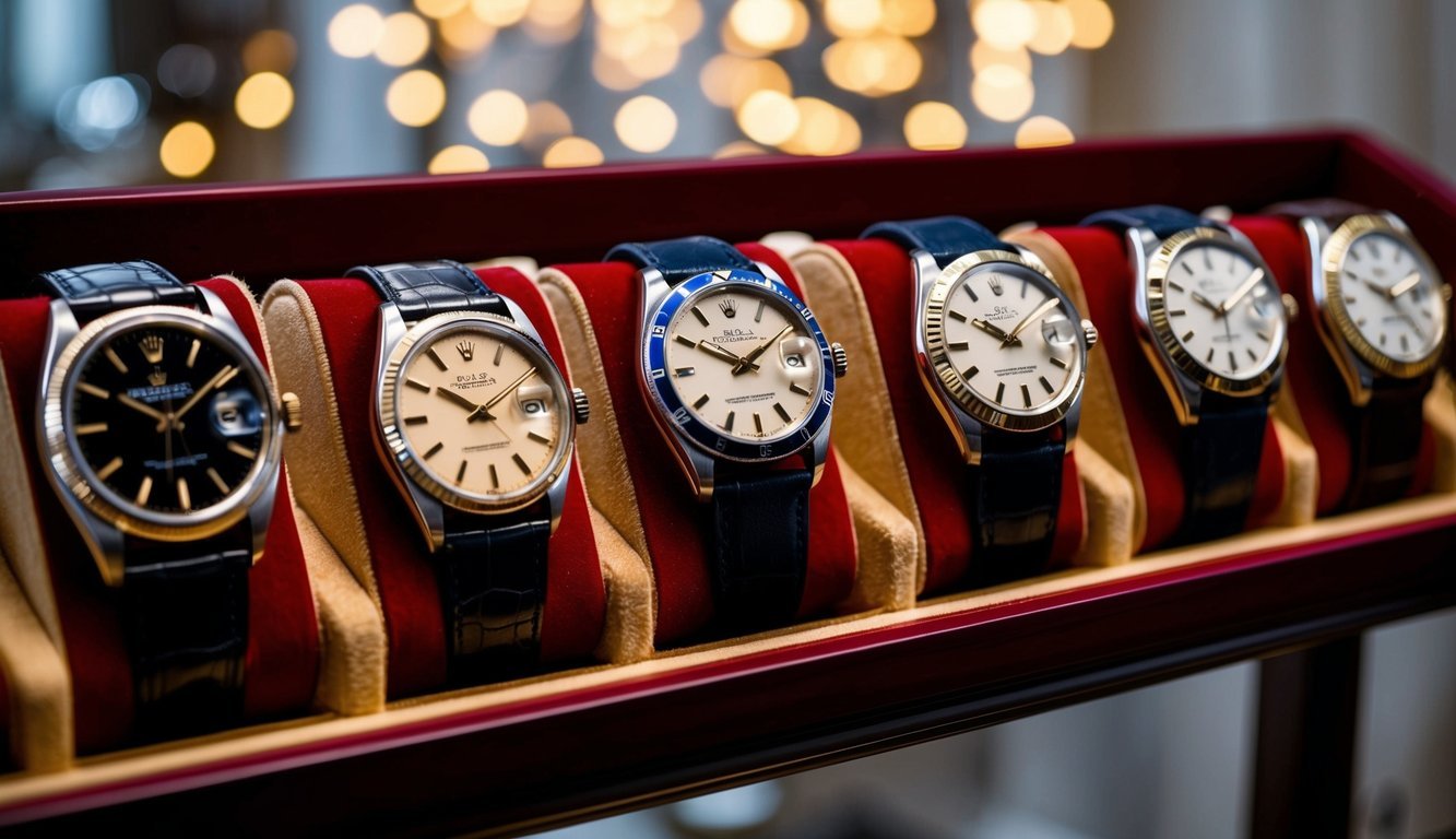 A collection of vintage Rolex watches displayed on a velvet-lined shelf, each watch showcasing unique design details and features