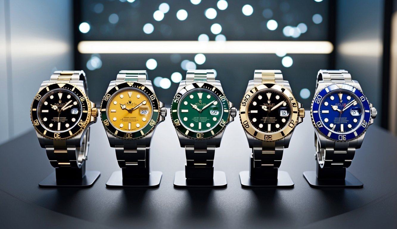 A collection of Rolex watches with various unique designs and features, each with a different nickname, displayed on a sleek and modern background