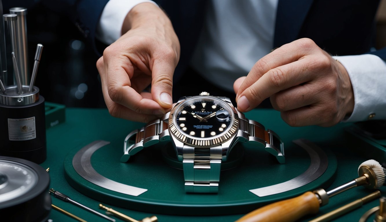 A watchmaker meticulously assembles intricate pieces of a Rolex watch, surrounded by tools and precision instruments