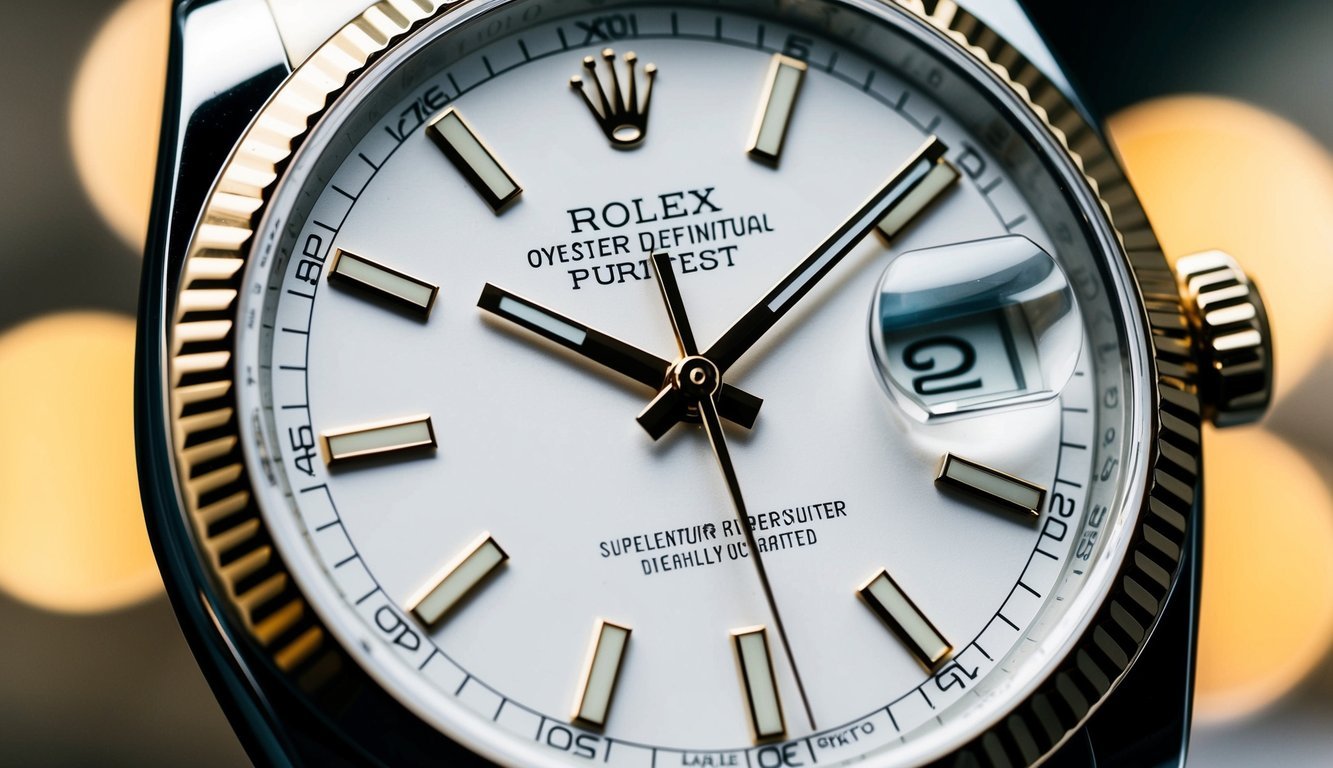 A close-up of a Rolex watch face with clear, legible nomenclature and a price tag in the corner