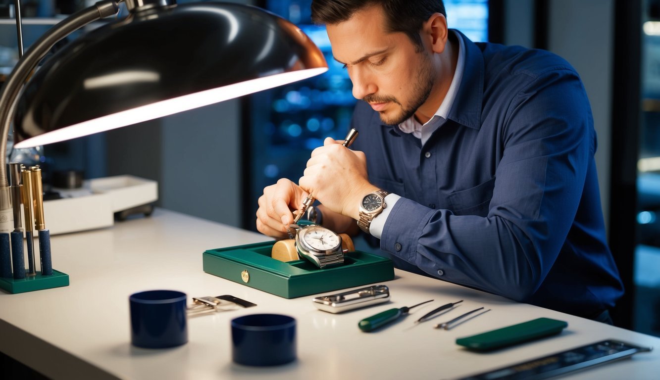 A watchmaker carefully servicing a Rolex watch with precision tools on a clean, well-lit workbench