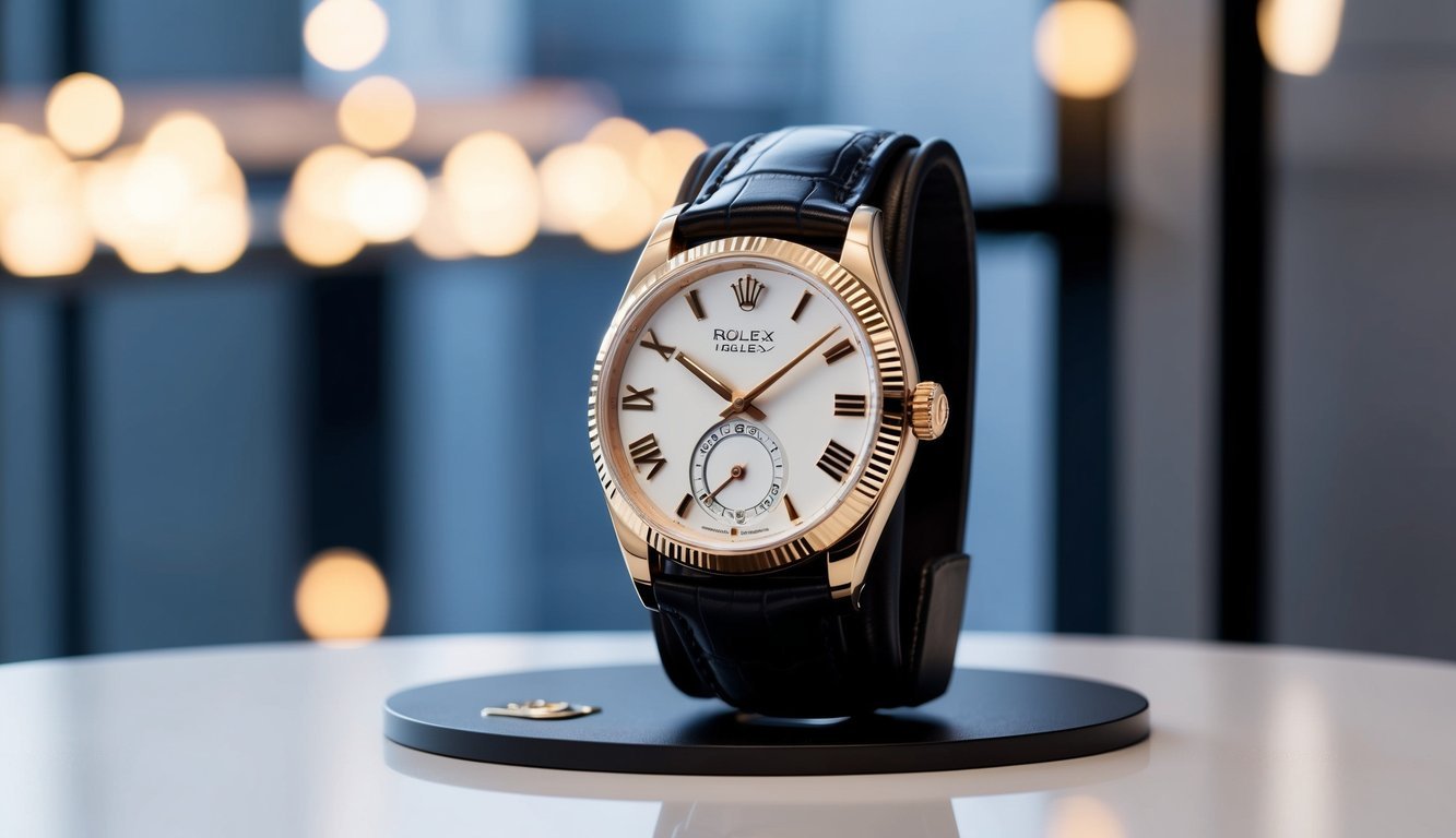 A luxurious Rolex Cellini watch displayed on a sleek, modern surface with soft lighting accentuating its elegant design