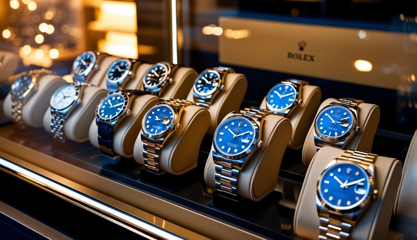 A display case with various affordable Rolex watches, arranged in a curated collection