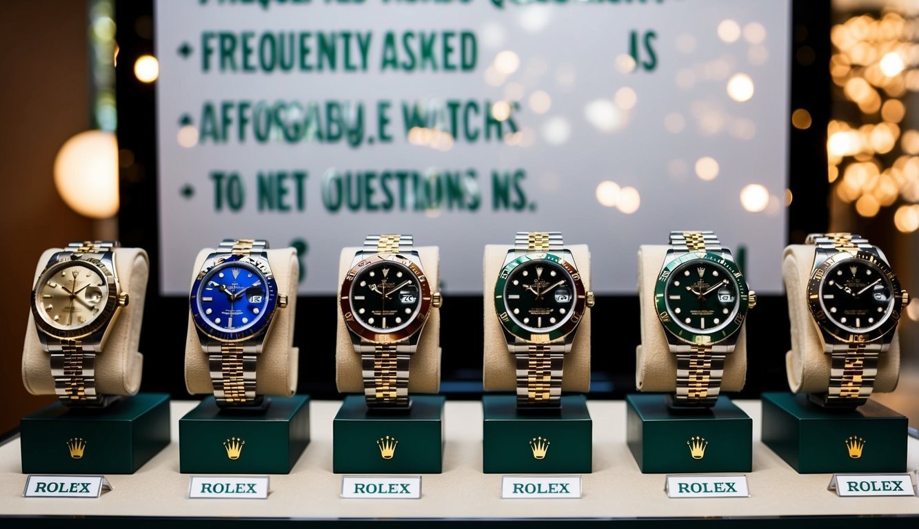 A display of various affordable Rolex watches with a backdrop of frequently asked questions