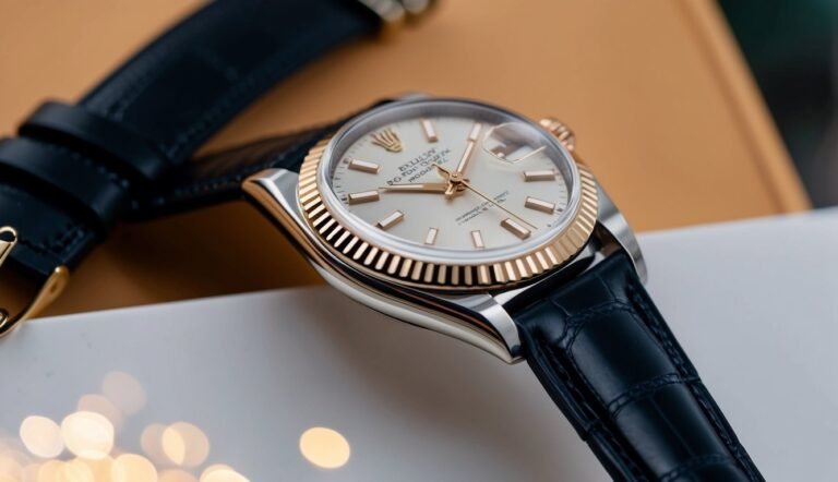 Close-up of a Rolex watch with a gold bezel and black leather strap