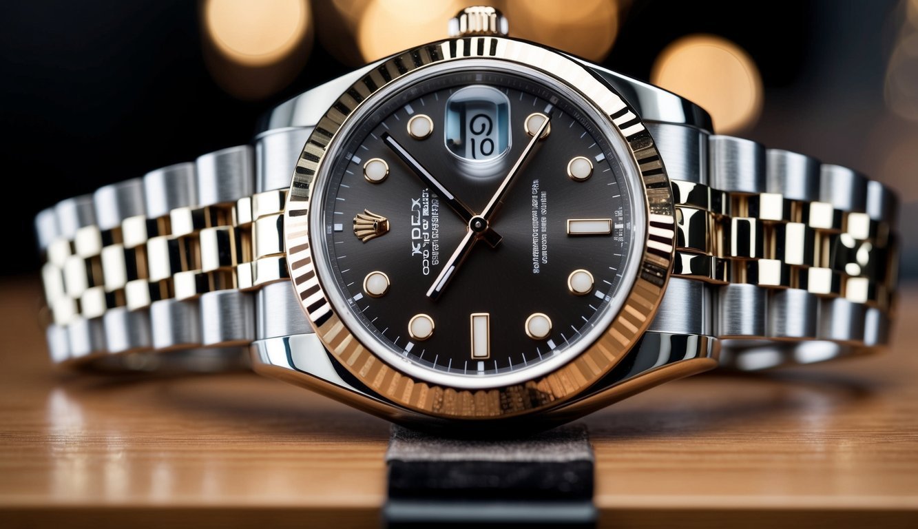 A gleaming Rolex timepiece with its iconic signature clasp