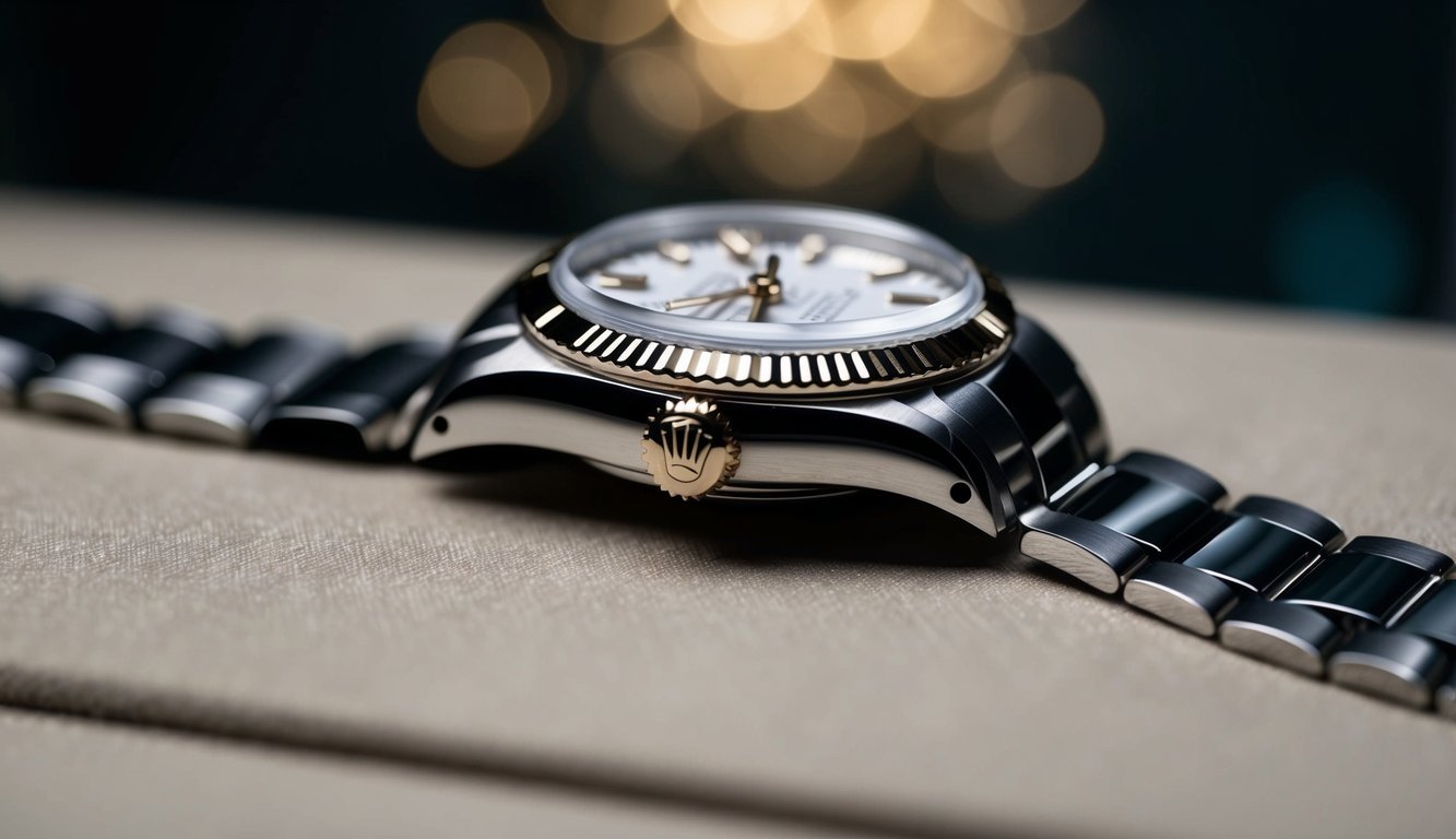 A close-up of a Rolex watch with a focus on the clasp, showing its intricate details and craftsmanship