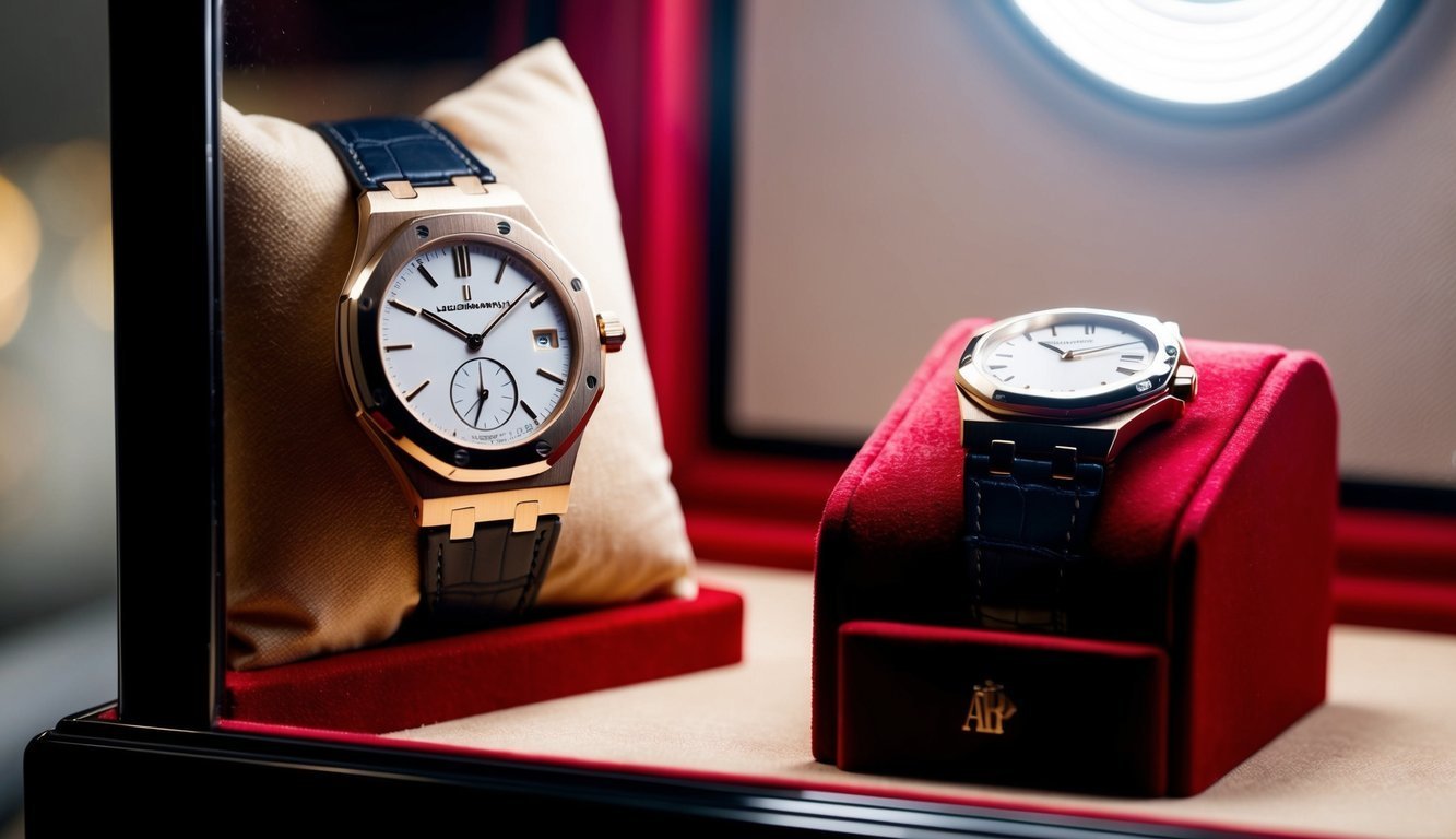 Two luxury gold watches with black leather straps in a display case