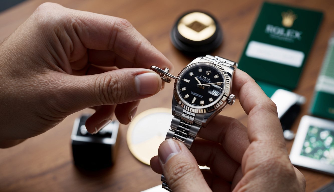 A hand holding a Rolex watch, carefully opening and inspecting the clasp for maintenance