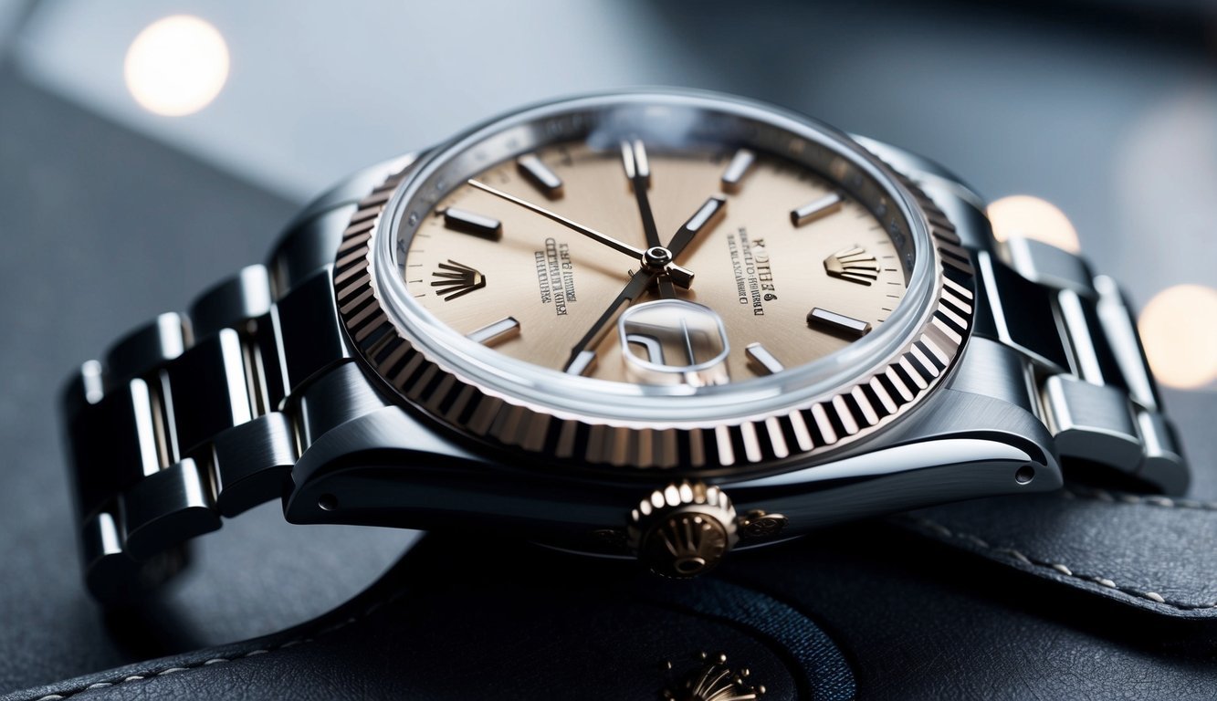 A close-up of a Rolex watch with a detailed focus on the clasp, showcasing its intricate design and high-quality craftsmanship