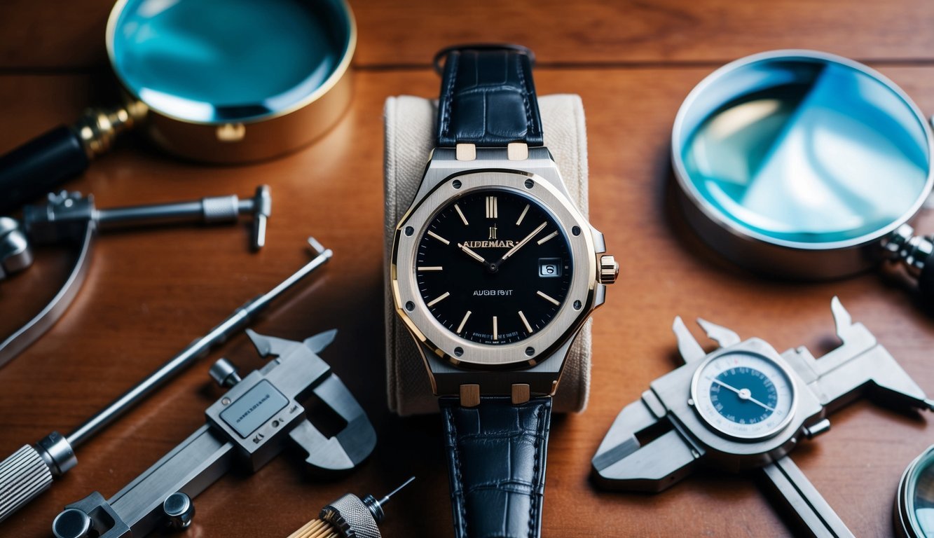 A fake Audemars Piguet watch sits next to a real one on a wooden table, surrounded by magnifying glasses, calipers, and other tools for inspecting materials and construction