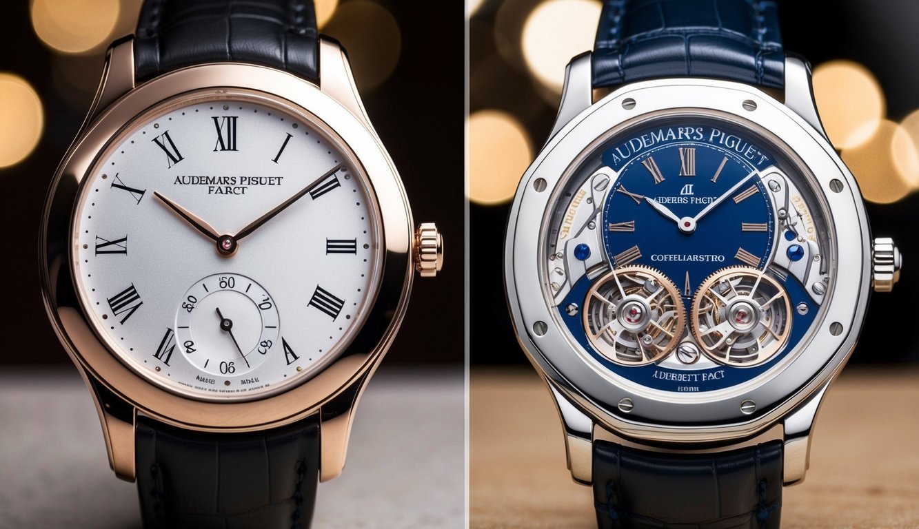 A side-by-side comparison of a fake and real Audemars Piguet timepiece, highlighting the intricate details of the internal mechanics and craftsmanship