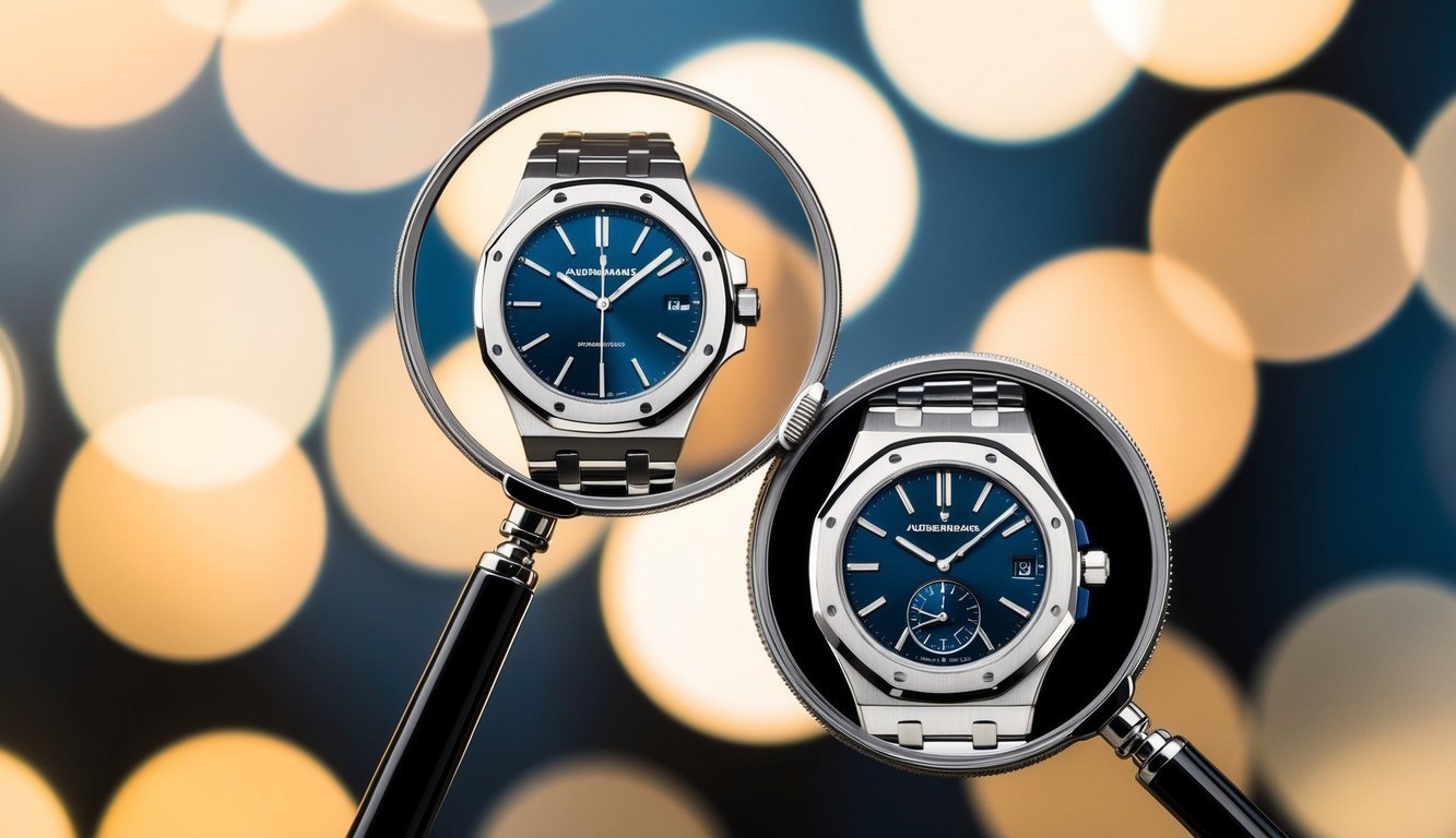 A magnifying glass hovers over a counterfeit and real Audemars Piguet watch, comparing the intricate details of the two side by side