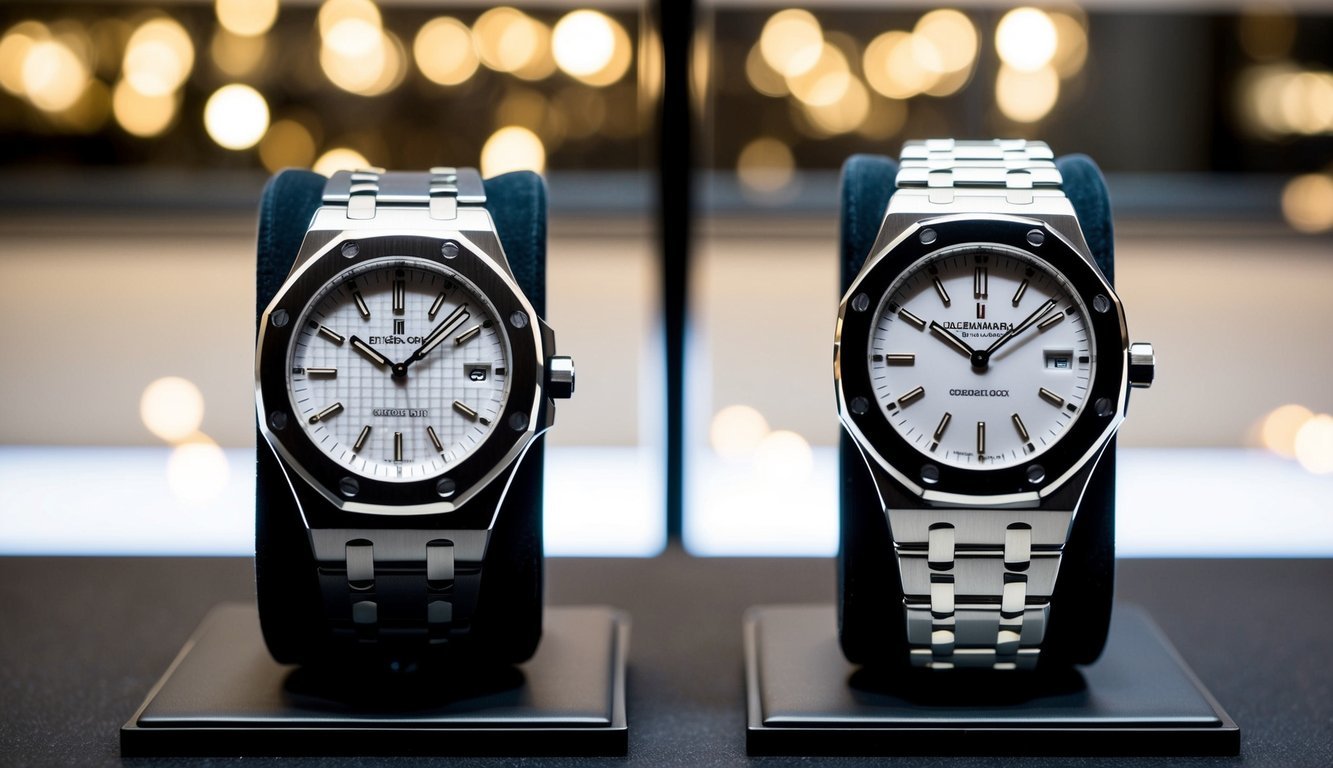 A luxurious wristwatch display with a real and fake Audemars Piguet Royal Oak Offshore side by side, highlighting the intricate details and differences between the two