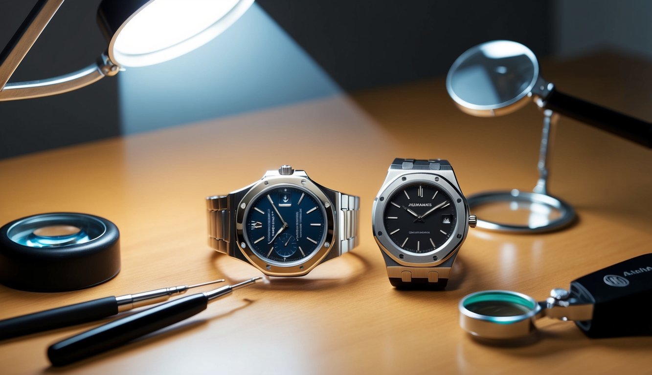 A table with a real and fake Audemars Piguet watch side by side, under a bright light, with magnifying tools and a jeweler's loupe nearby