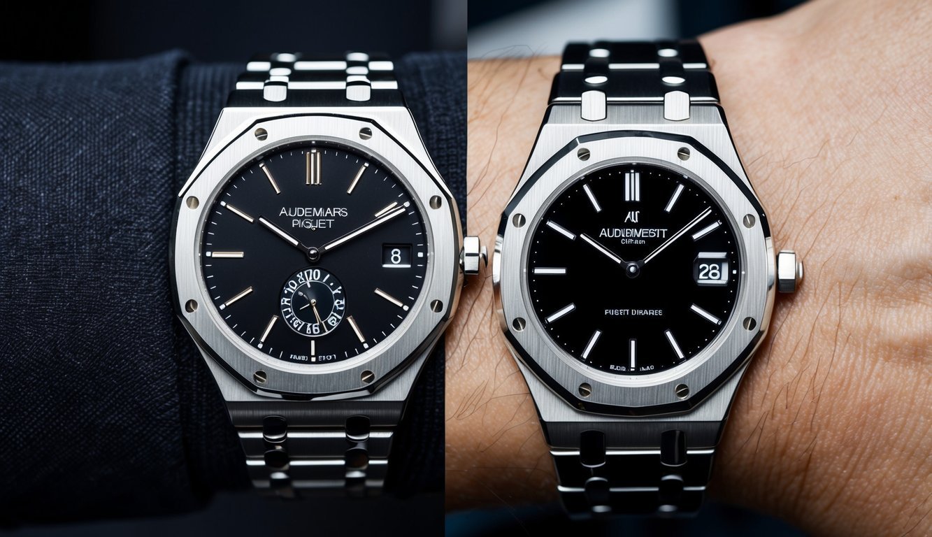 A side-by-side comparison of a fake and real Audemars Piguet watch, highlighting key differences in details such as the logo, dial, and bracelet