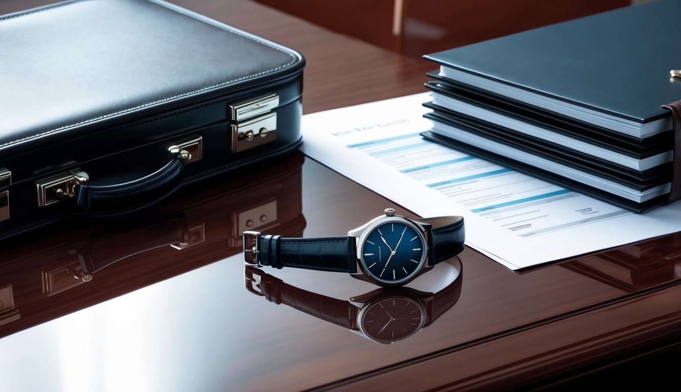Black briefcase, watch, documents, and folders on a wooden desk