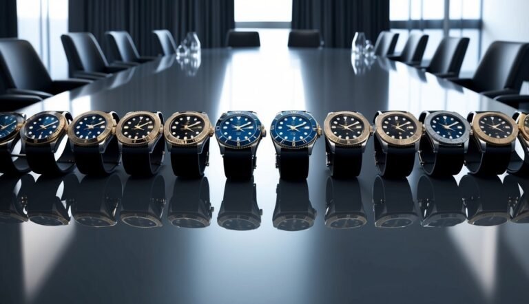Row of luxury watches on a conference table with chairs