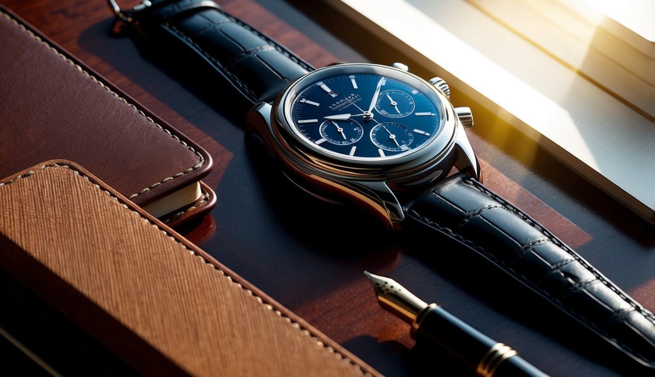 Luxury wristwatch with leather strap, pen, and notebooks on a wooden surface