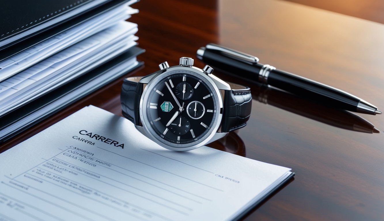A sleek Tag Heuer Carrera watch resting on a polished wooden desk next to a neatly organized stack of business documents and a high-end pen